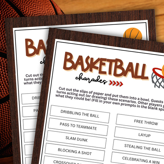 Looking for a fun and engaging activity to bring some excitement to your basketball-themed events? Look no further than this Basketball Charades game from Party Prints Press!&nbsp;  Perfect for games, practices, team bonding sessions, basketball camps, birthday parties, fan gatherings, youth leagues, and other basketball-related occasions, this printable charades game is a fantastic addition to your activities.