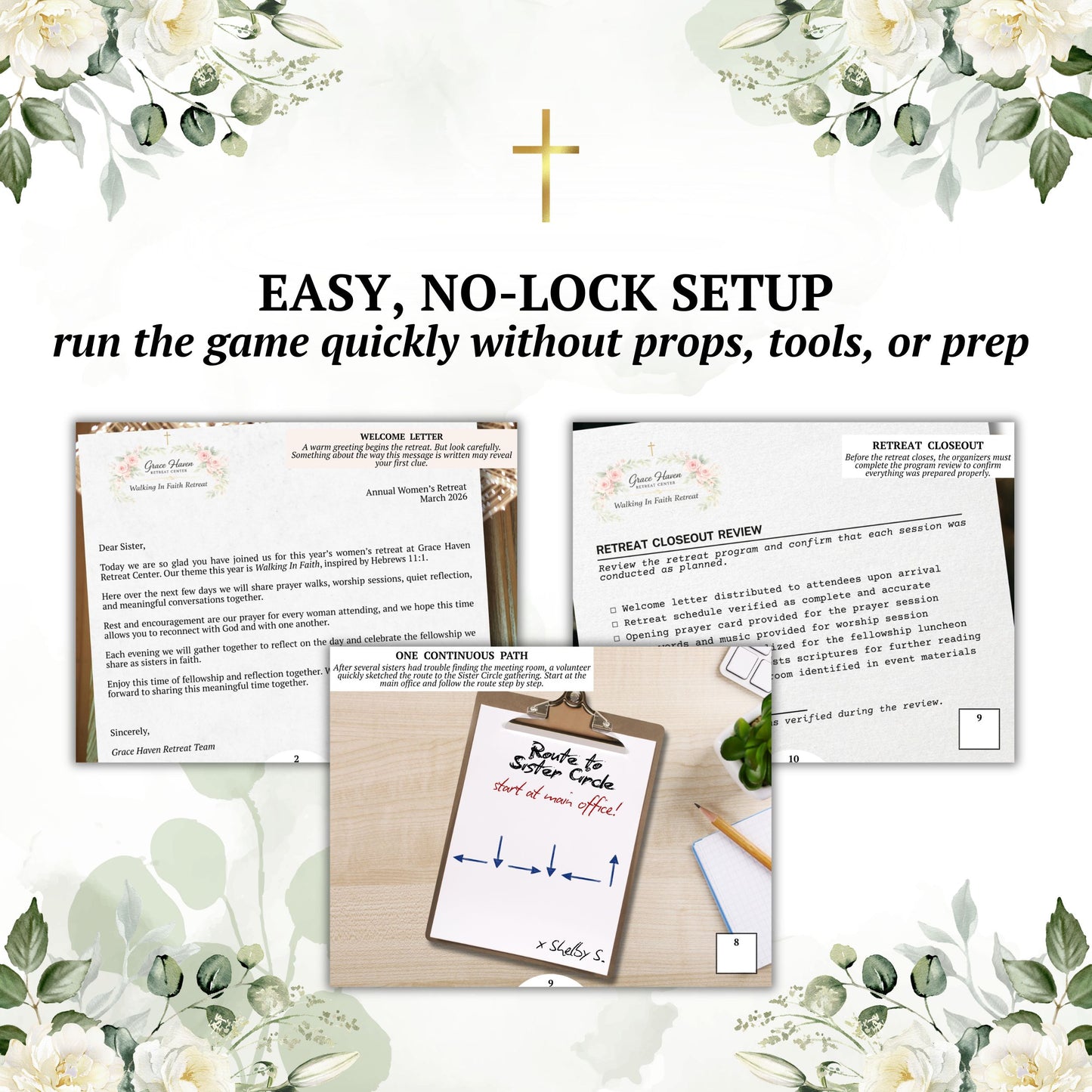 Game setup materials with text 'Easy, No-Lock Setup' on a decorative background with flowers.