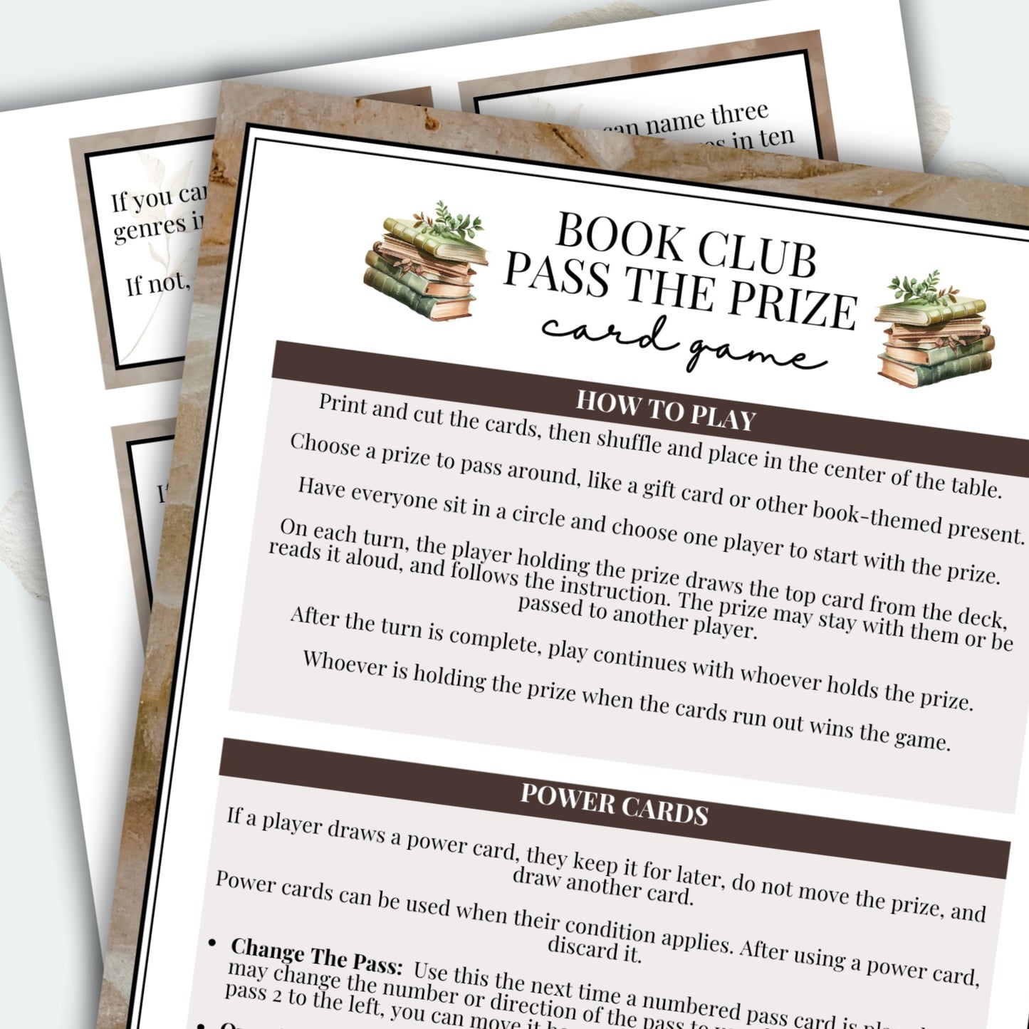 Instructions for a 'Book Club Pass the Prize' card game on printed paper.