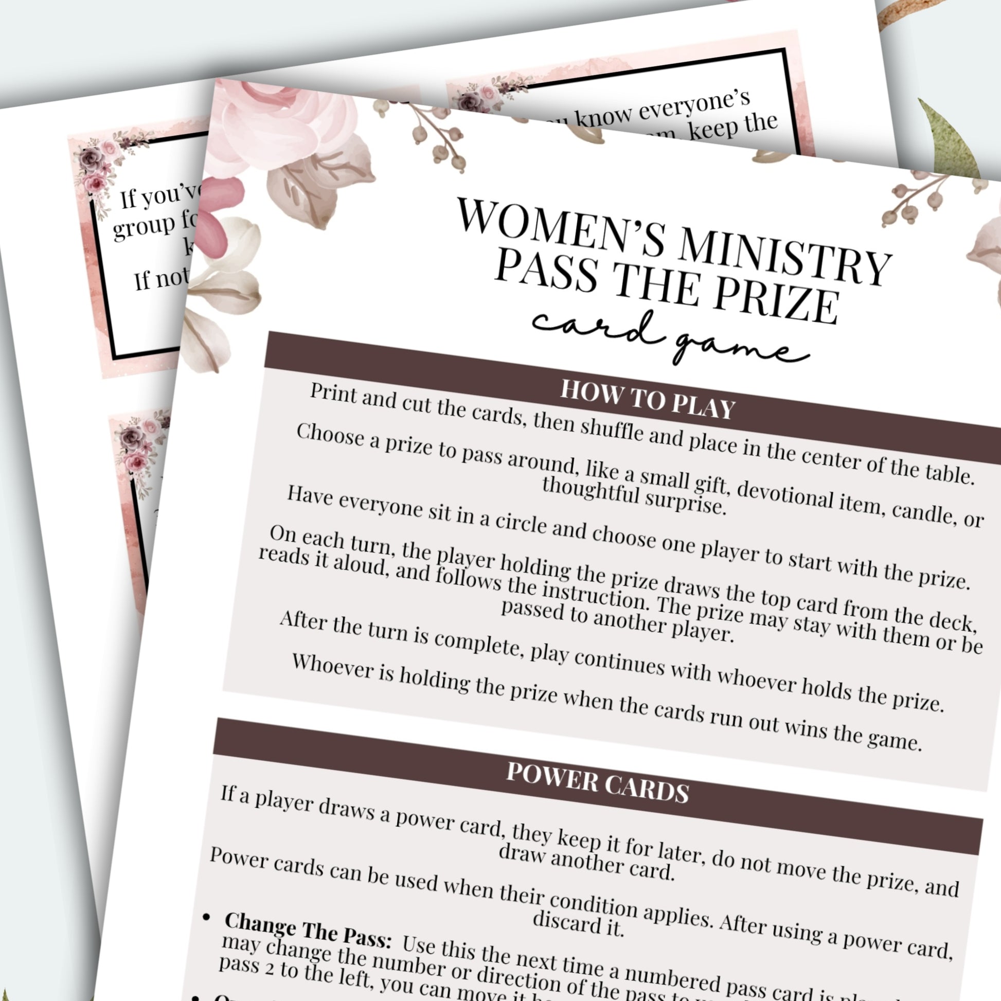 Instructions for a 'Women's Ministry Pass the Prize' card game on printed paper with floral designs.