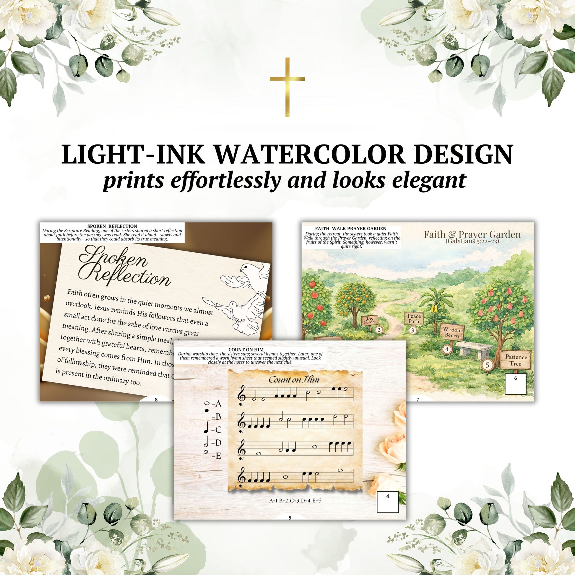 Light-ink watercolor design prints with nature-themed cards on a white background.