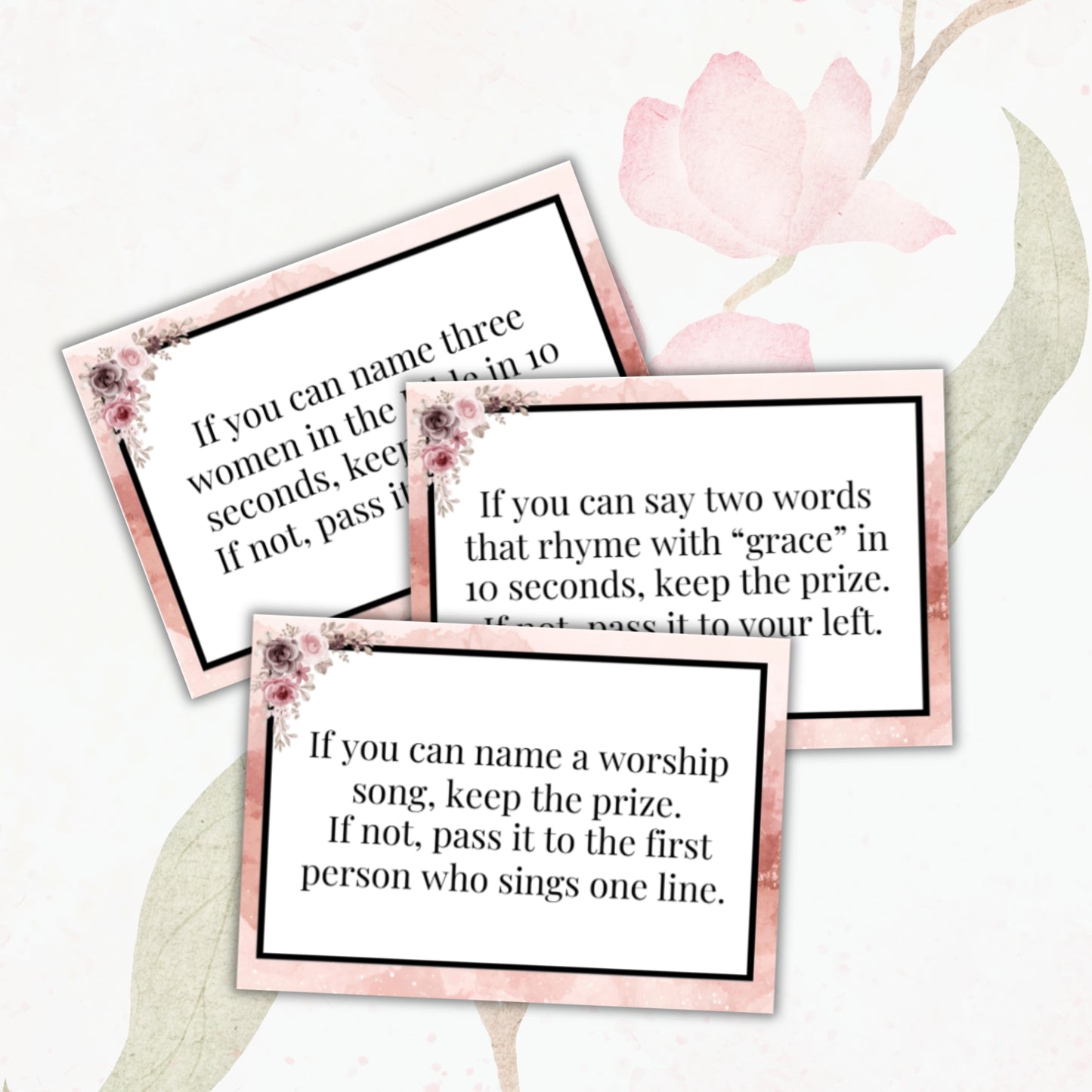 Three question cards with text on a floral background