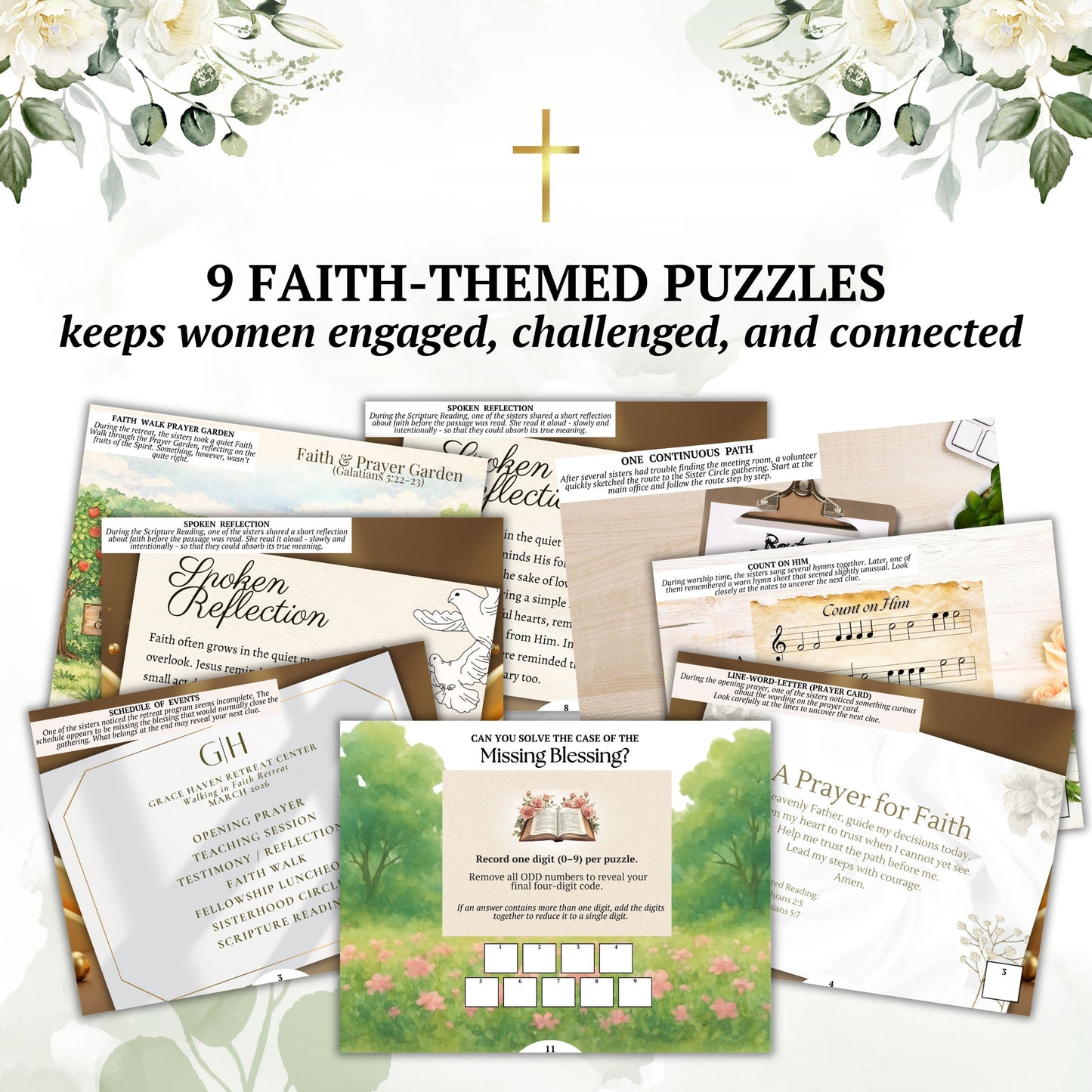 Collection of faith-themed puzzles on a white background with floral decorations.