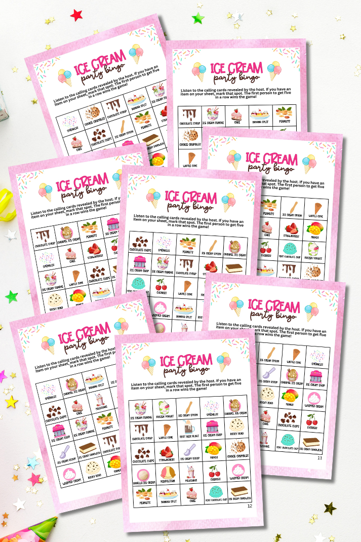 Looking for a fabulous and fun activity to celebrate birthdays, National Ice Cream Day in June, National Ice Cream Month in July, or any special event? This Ice Cream Bingo Game is the perfect addition to any celebration, designed to bring joy and excitement to all ages.  This printable game will keep everyone entertained and excited, making your event a memorable occasion!