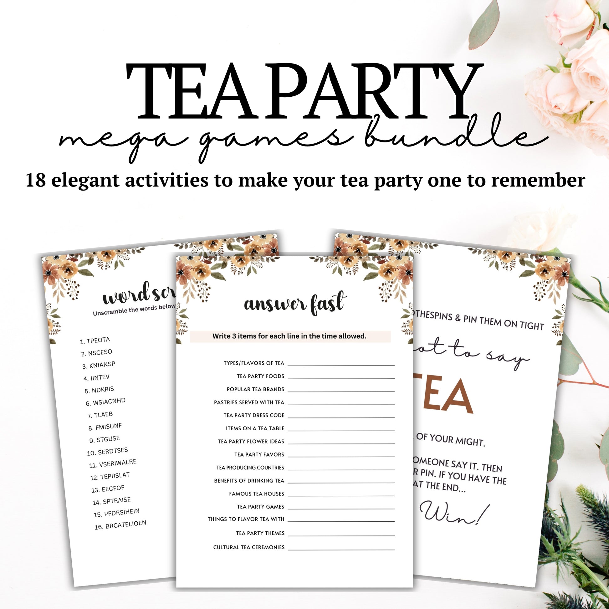 Tea Party MEGA Games Bundle - Are you hosting a tea party and looking for cute activities to ensure everyone has an incredible time?&nbsp;  Make your party fun and engaging with this elegant, minimalist, and super-feminine printable 18-game bundle of tea party icebreaker games from Party Prints Press!