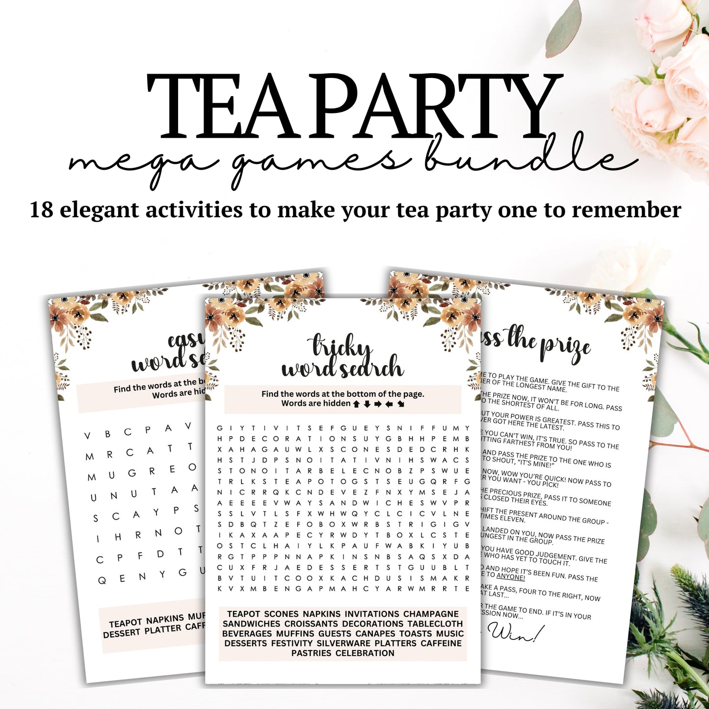 Tea Party MEGA Games Bundle - Are you hosting a tea party and looking for cute activities to ensure everyone has an incredible time?&nbsp;  Make your party fun and engaging with this elegant, minimalist, and super-feminine printable 18-game bundle of tea party icebreaker games from Party Prints Press!