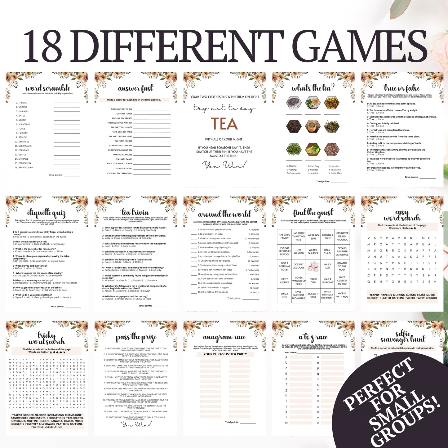 Tea Party MEGA Games Bundle - Are you hosting a tea party and looking for cute activities to ensure everyone has an incredible time?&nbsp;  Make your party fun and engaging with this elegant, minimalist, and super-feminine printable 18-game bundle of tea party icebreaker games from Party Prints Press!