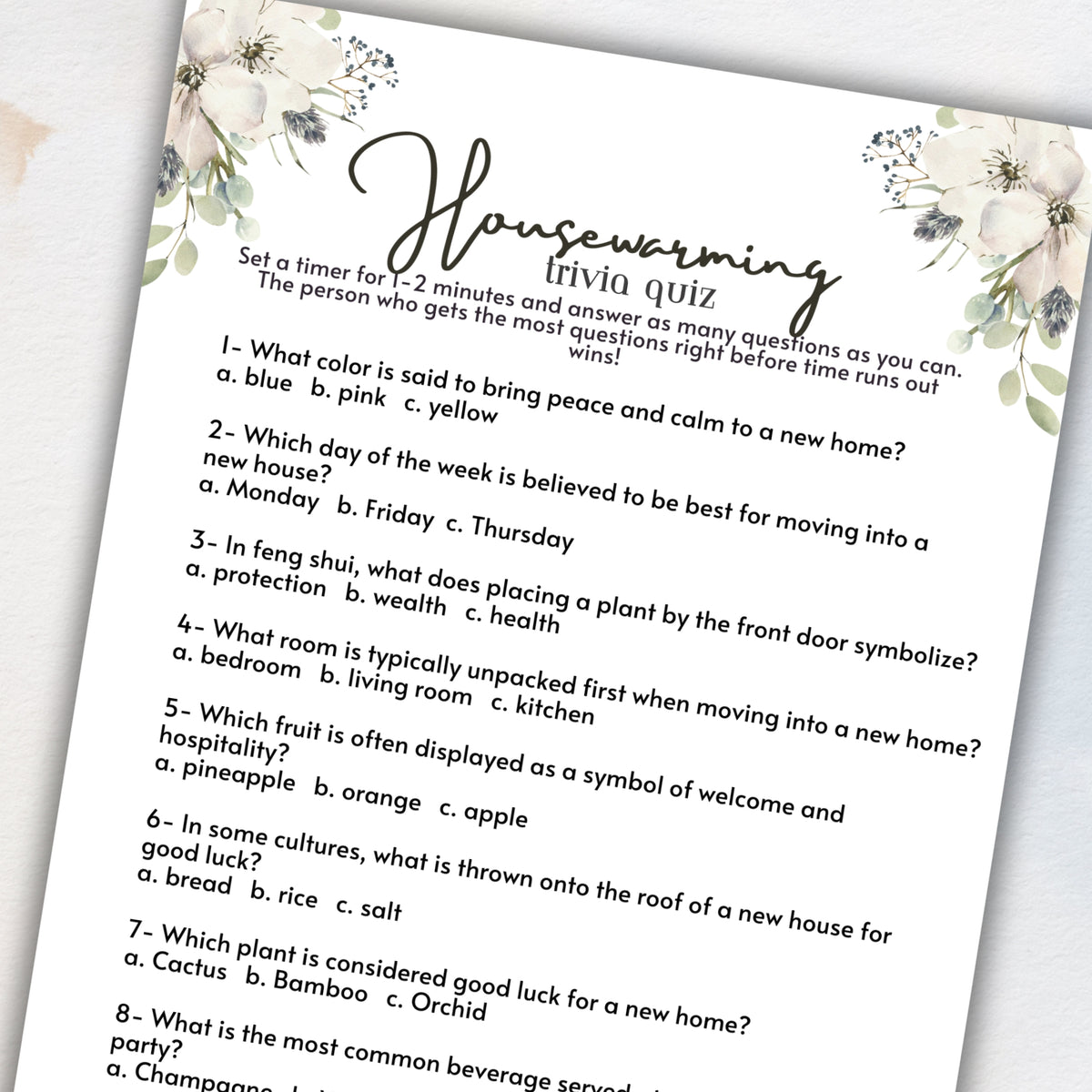 Housewarming Trivia Quiz Game – Party Prints Press